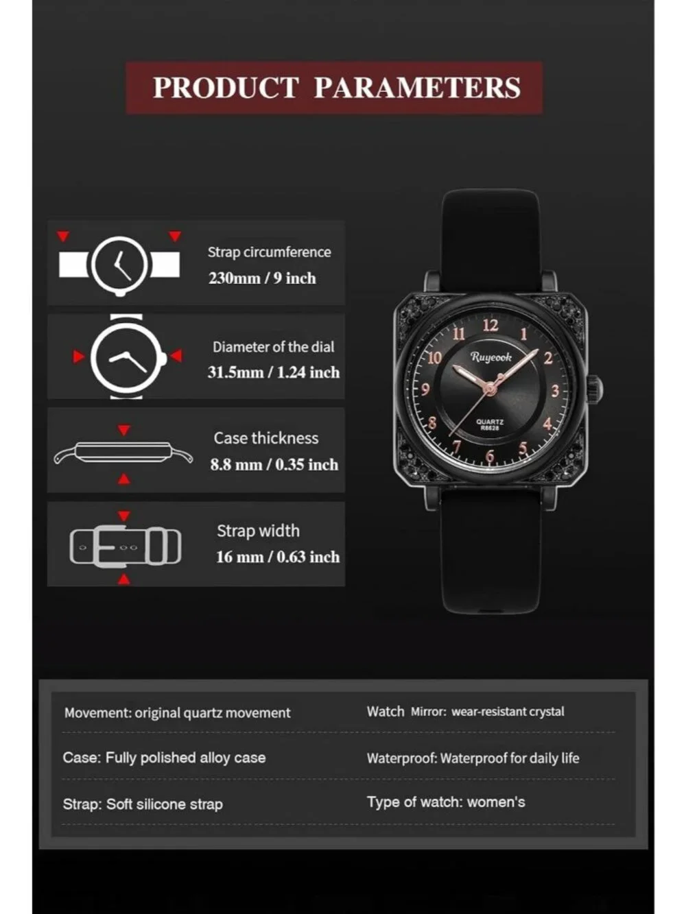 Women's Black Analog Quartz Silicone Band Crystal Square Waterproof Wrist Watch
